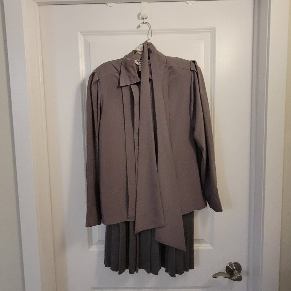 Vintage Tricoville Satin Blouse and Scarf, and Knit Skirt Set - Purple-Grey